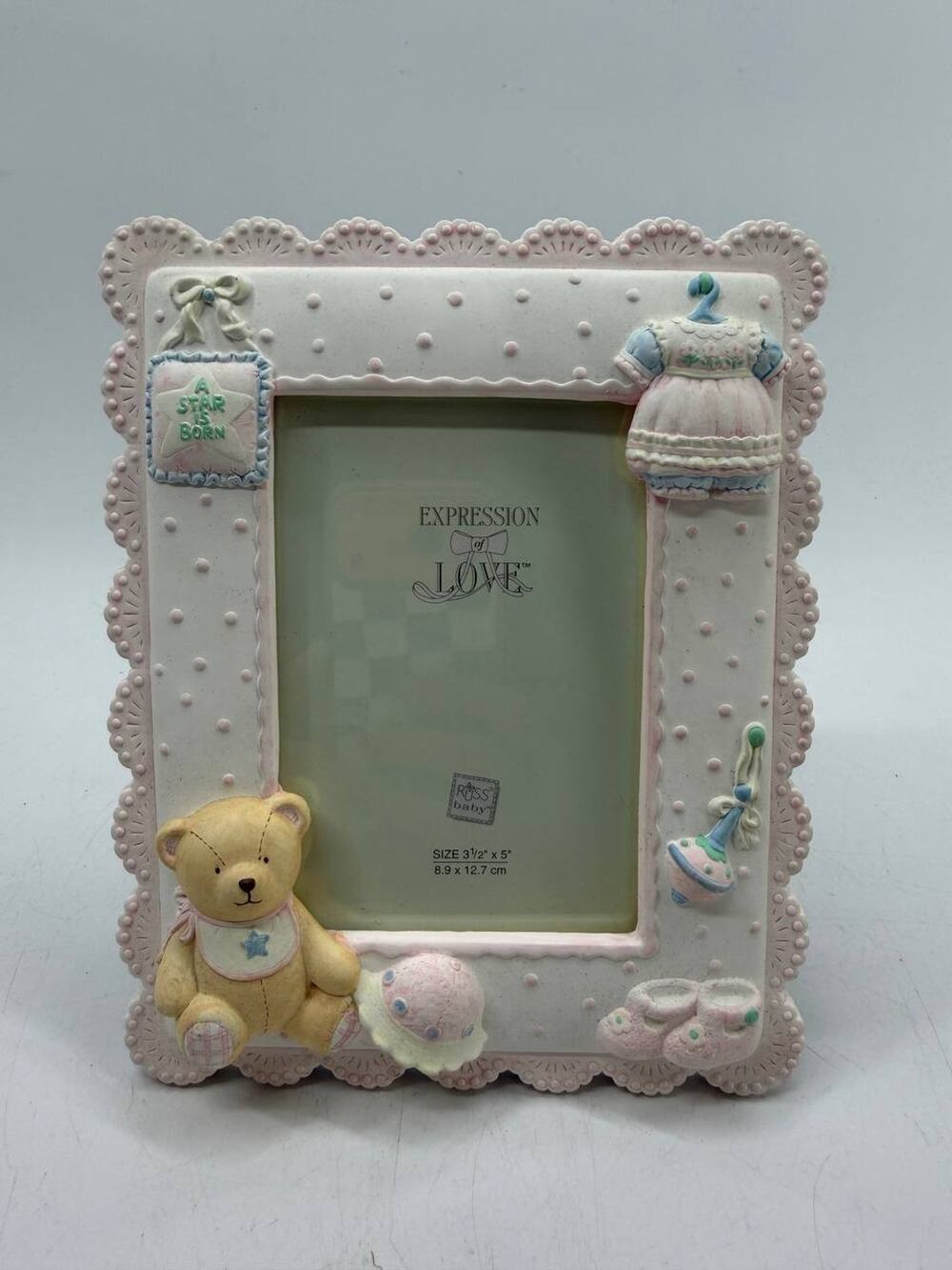 Russ Baby Expression of Love Baby Photo Frame Teddy Bear 3.5x5 Hand Painted NIB